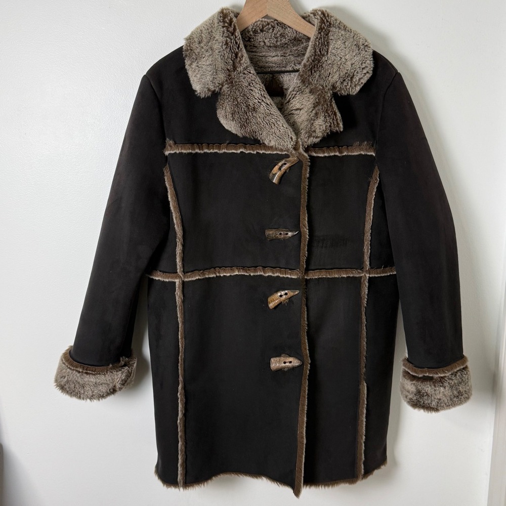 Fjall Penny Lane Faux Shearling Coat Women Large Brown Sherpa Toggle USA Y2K